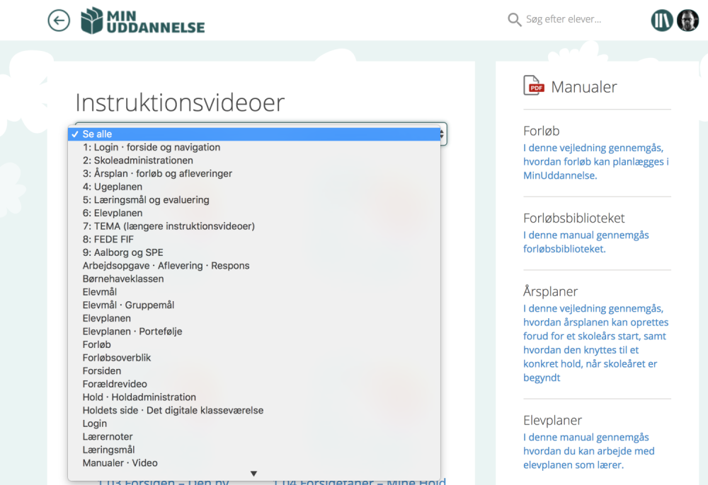 Dropdownmenuen i videobiblioteket